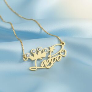 Personalized Gold  Necklace with Crown & Diamond Accents