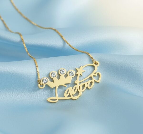 Personalized Gold  Necklace with Crown & Diamond Accents