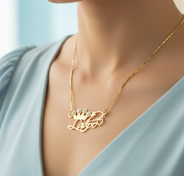 Personalized Gold  Necklace with Crown & Diamond Accents - Image 2