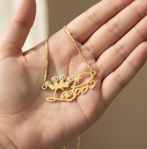 Personalized Gold  Necklace with Crown & Diamond Accents - Image 3