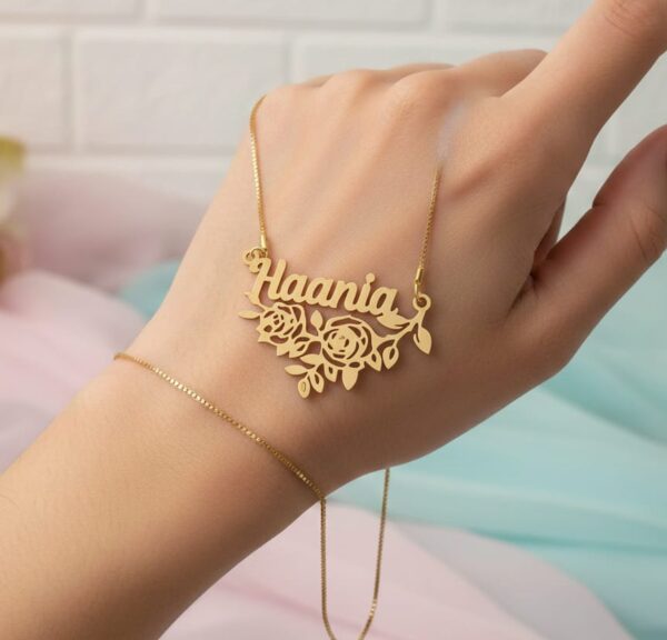 Name Pendant with Floral Design – Personalized Gold Necklace - Image 3
