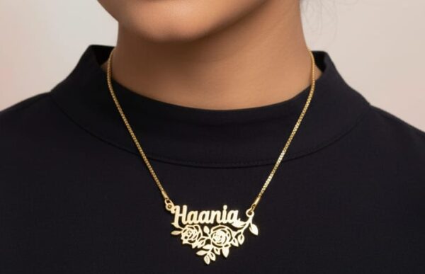 Name Pendant with Floral Design – Personalized Gold Necklace - Image 2