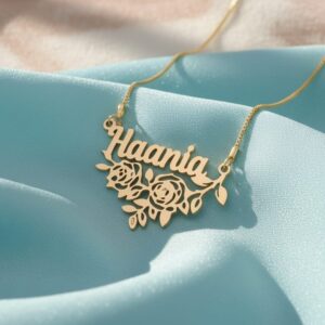 Name Pendant with Floral Design – Personalized Gold Necklace