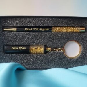 Personalized Name  Zari Pen – Custom Engraved Pen with Keychain Golden Finish Combo