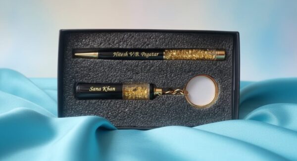 Personalized Name  Zari Pen – Custom Engraved Pen with Keychain Golden Finish Combo